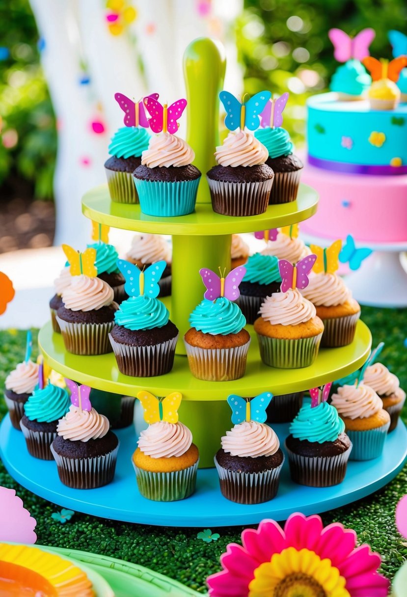A colorful array of cupcakes arranged on a garden-themed table, with flower and butterfly decorations for a kids' party