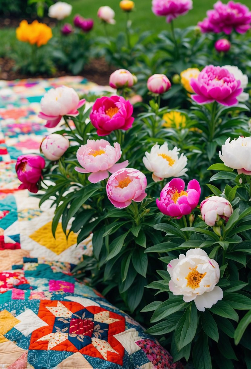 A vibrant garden with blooming peonies in various colors, surrounded by a patchwork quilt with intricate patterns and designs