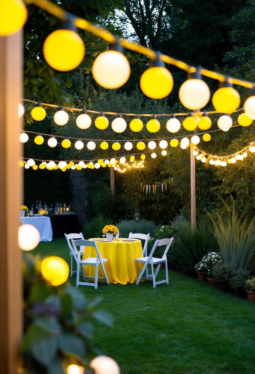 A garden adorned with yellow string lights, creating a warm and inviting ambiance for a yellow-themed party
