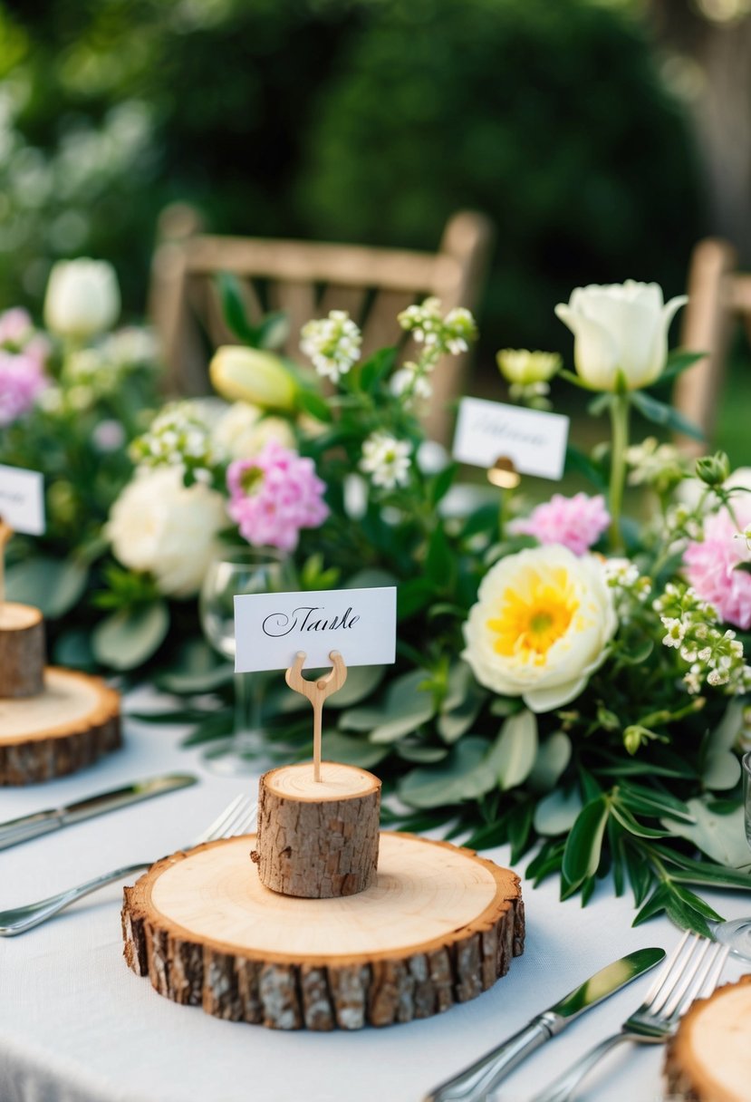 A garden table adorned with rustic wooden slices as place card holders, surrounded by blooming flowers and greenery