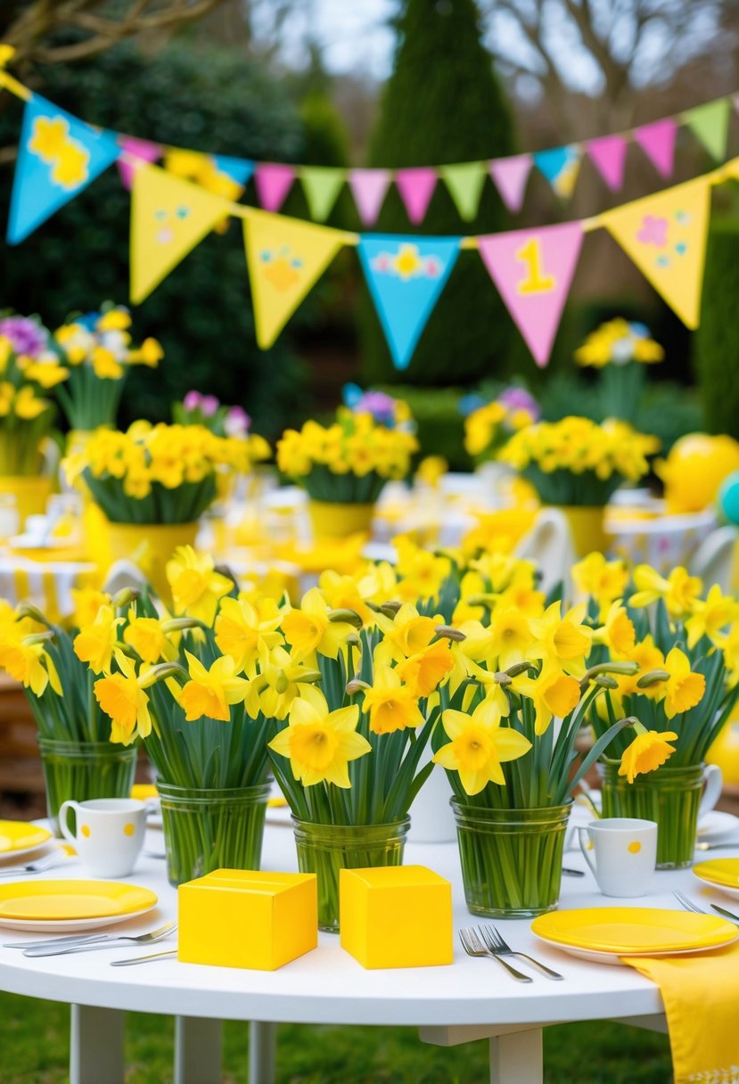 A vibrant garden filled with yellow daffodil bouquets, bunting, and cheerful decorations for a themed party