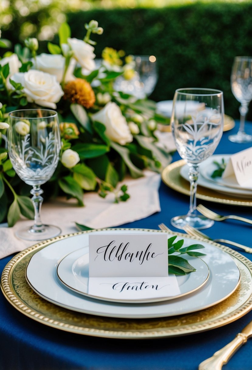 Lush garden with elegant calligraphy name cards on ornate place settings