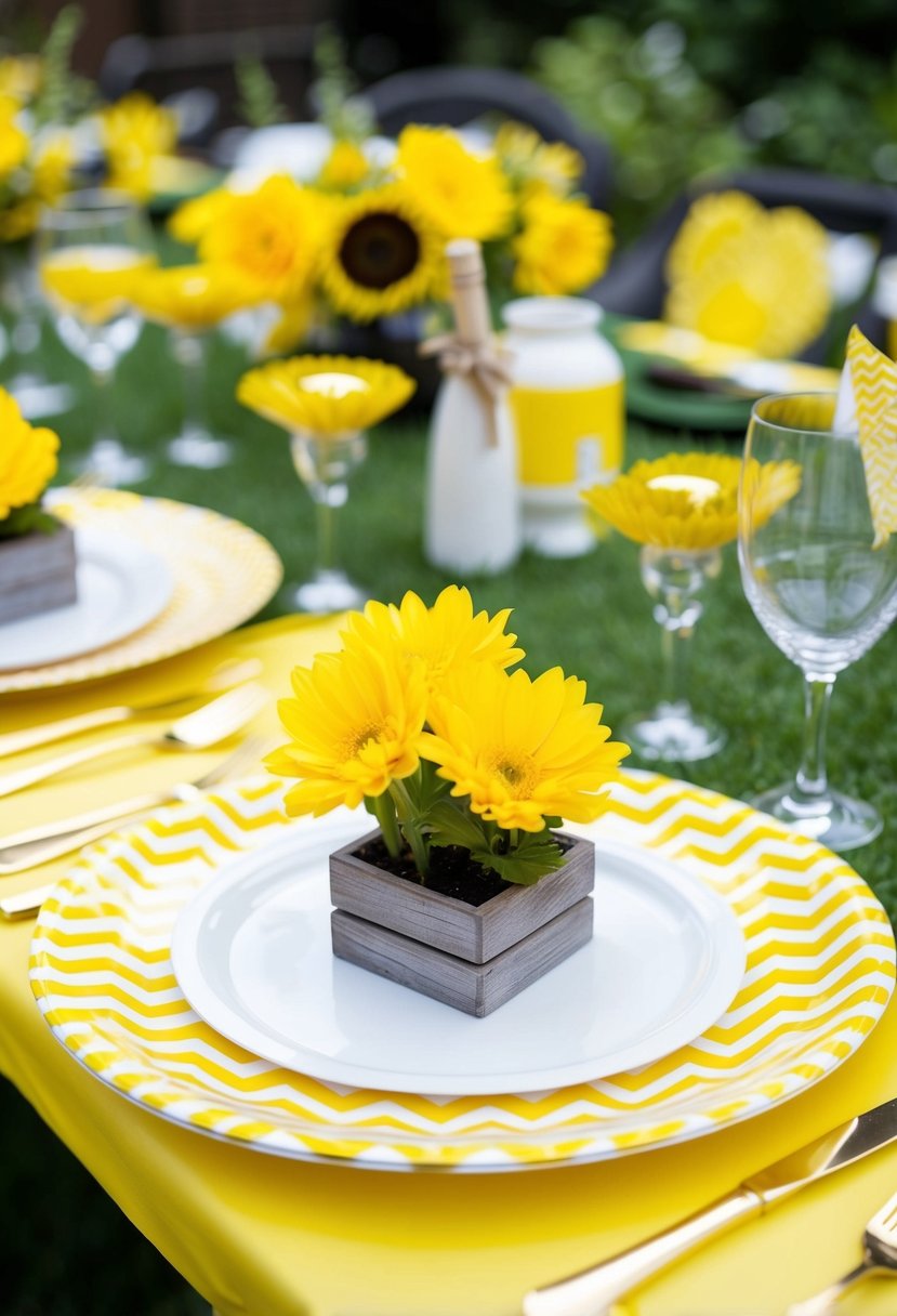 A garden party with yellow chevron plates, yellow flowers, and yellow decorations