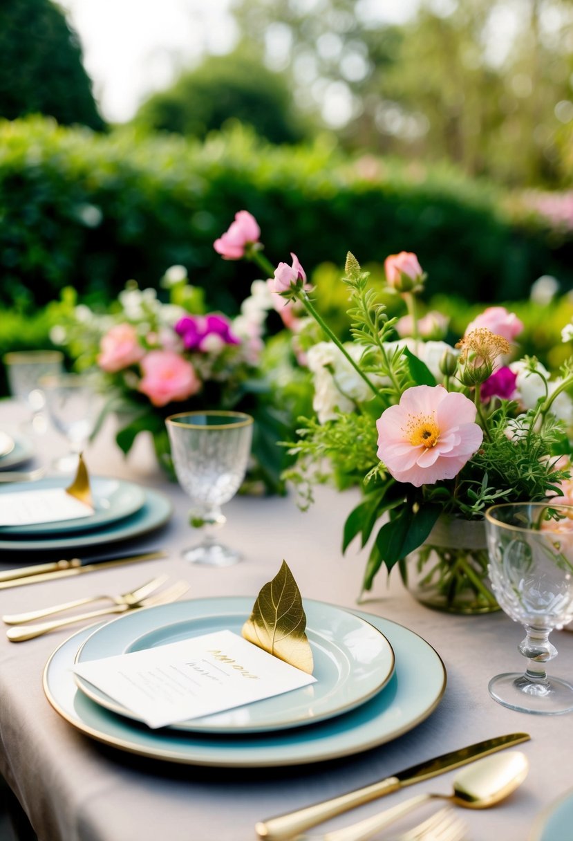 A garden table set with delicate gold leaf place cards among blooming flowers and greenery