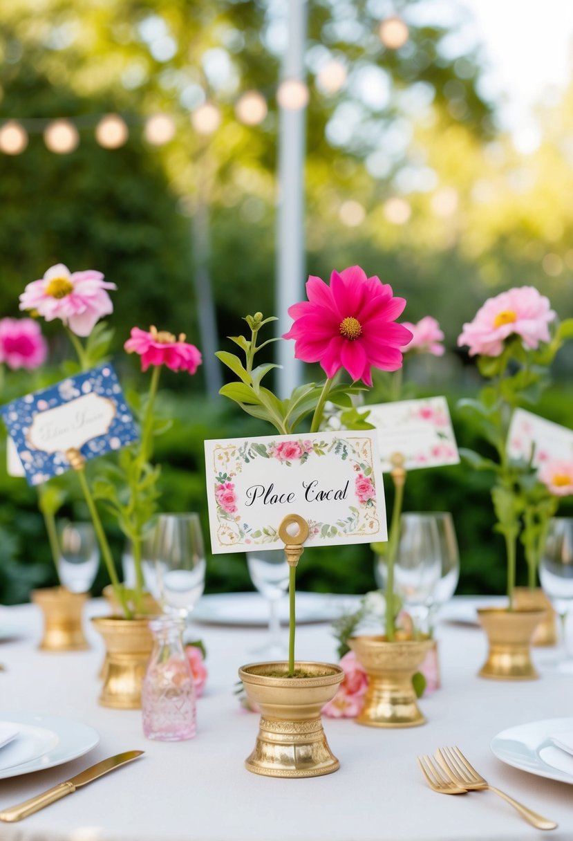 A whimsical garden party scene with floral place card holders and vintage postcard designs