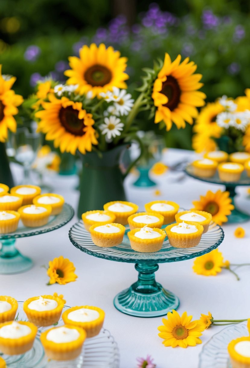 A garden party with yellow lemon tartlets displayed on a table adorned with sunflowers and daisies