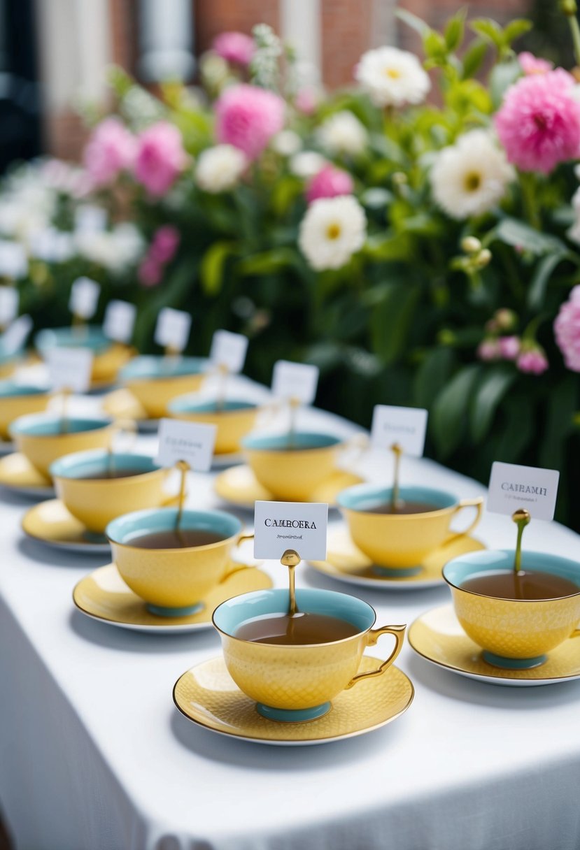 Tea cups arranged on a table, each holding a name card, surrounded by blooming flowers and greenery