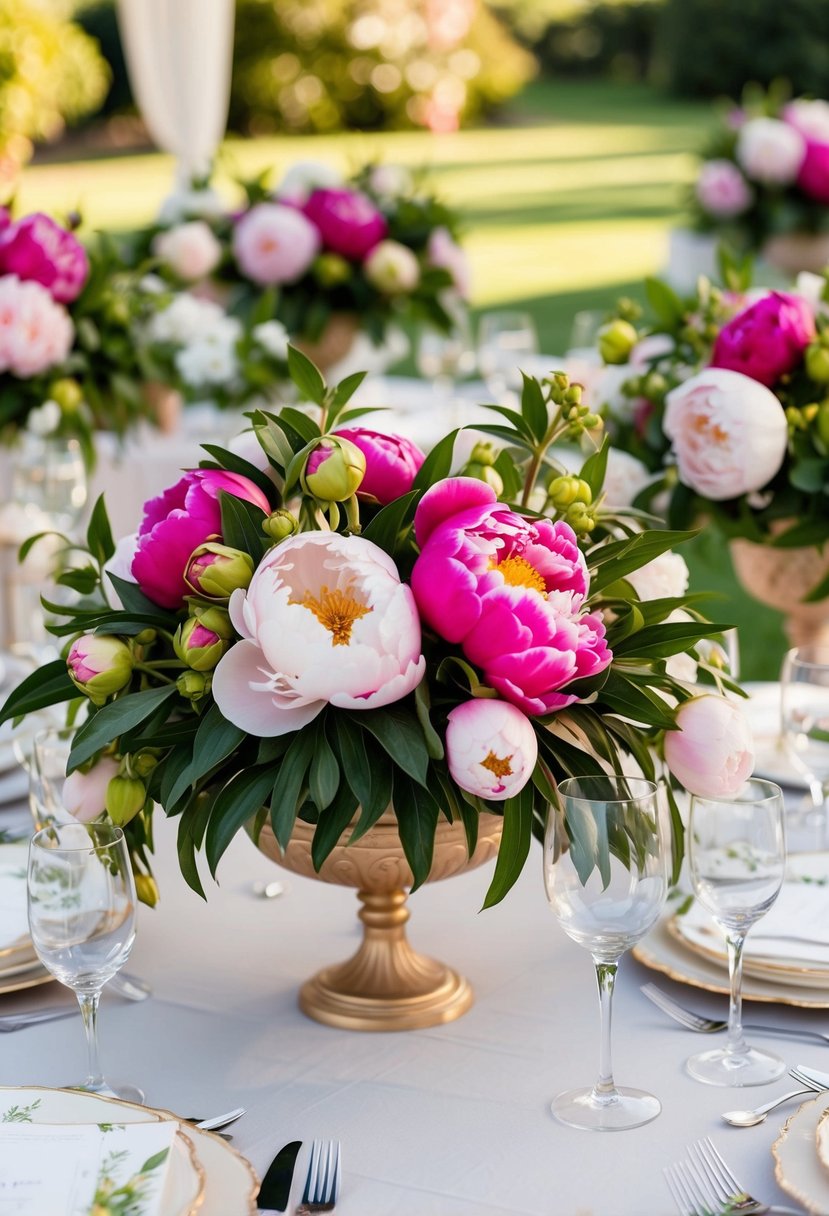 A garden party table adorned with lush floral centerpieces, featuring vibrant peonies in full bloom, creating a charming and elegant atmosphere