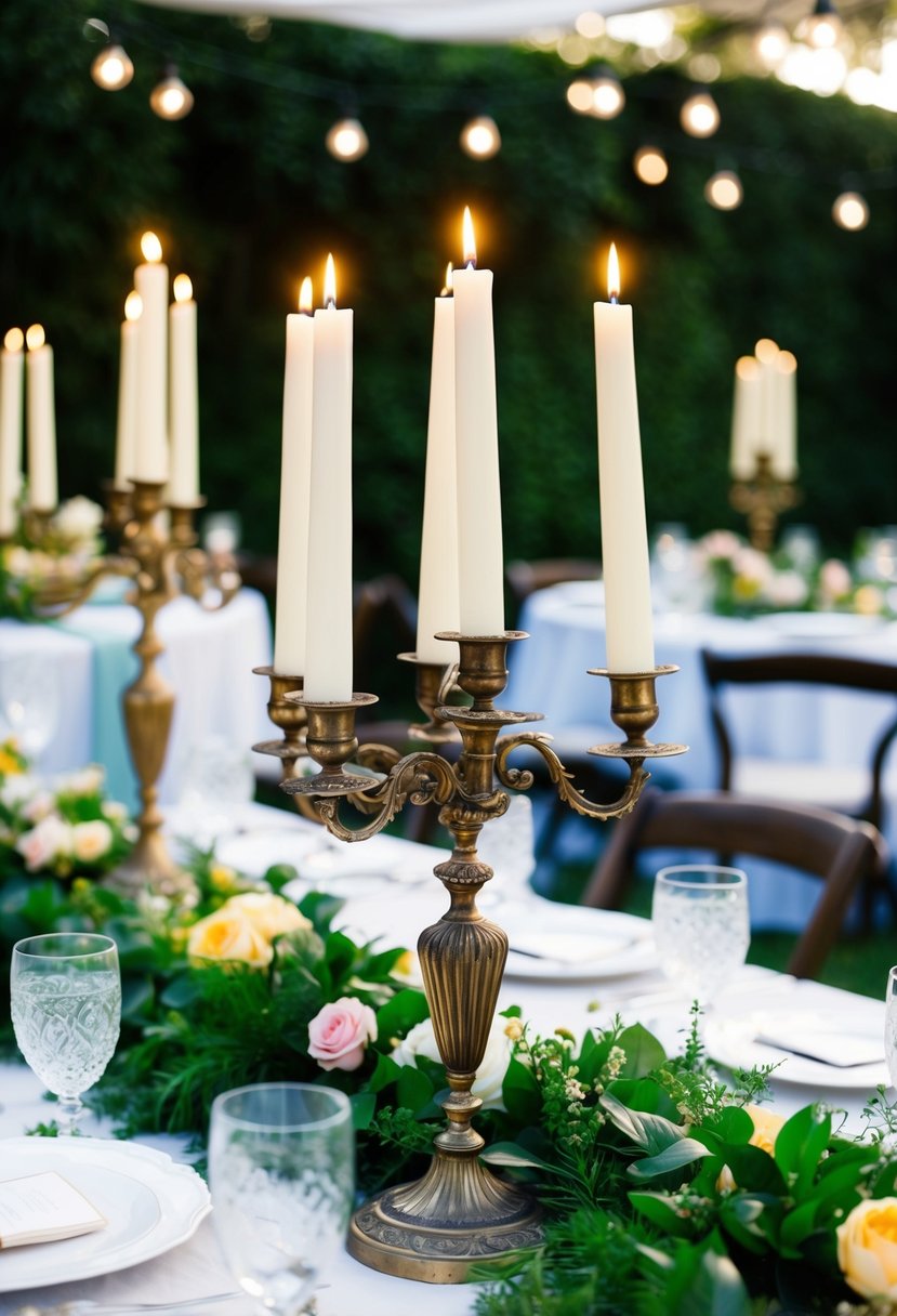 A vintage candelabra holds taper candles amidst a lush garden party table arrangement