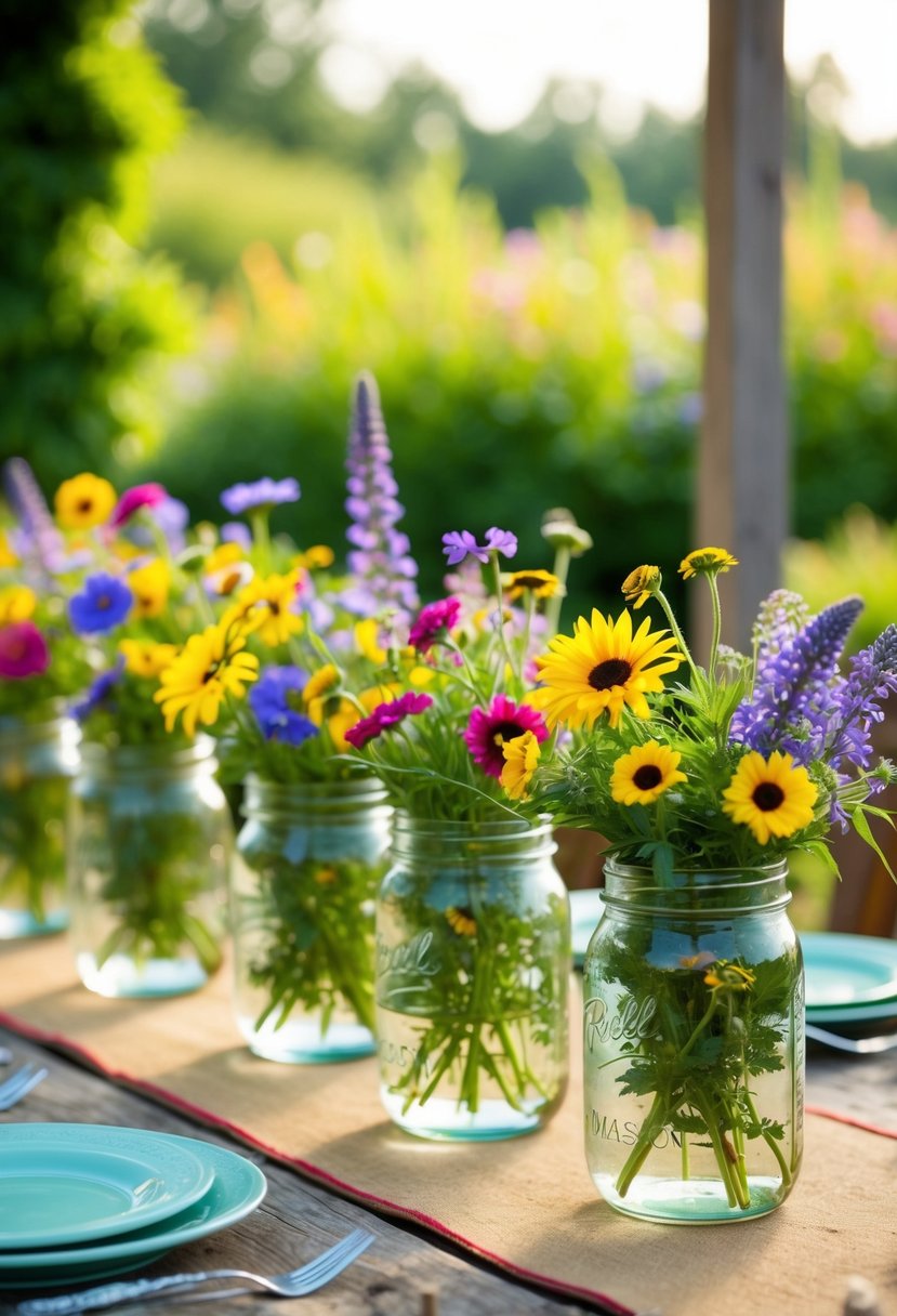 Mason jars filled with colorful wildflowers arranged on a rustic wooden table for a garden party