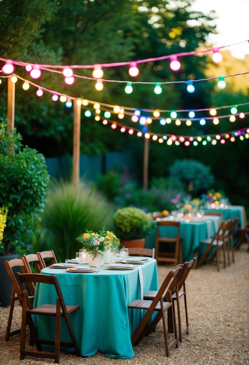 Colorful string lights drape over a garden party table, creating a warm and inviting atmosphere