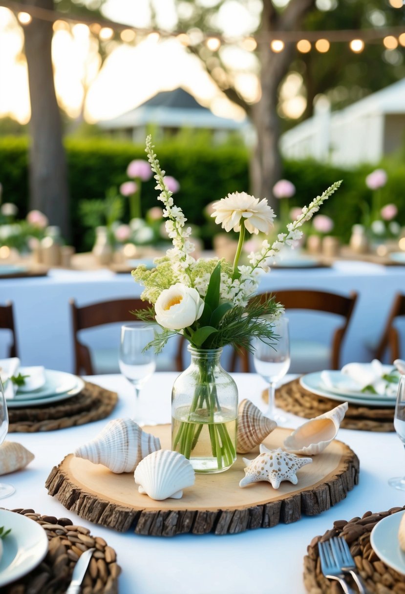 A seashell and driftwood table decor arranged with garden flowers for a charming garden party setting