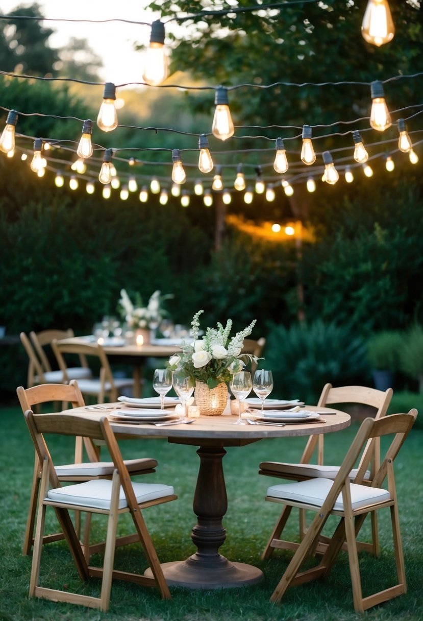 A round table set with vintage Edison bulb string lights, creating a cozy and inviting atmosphere for a garden party