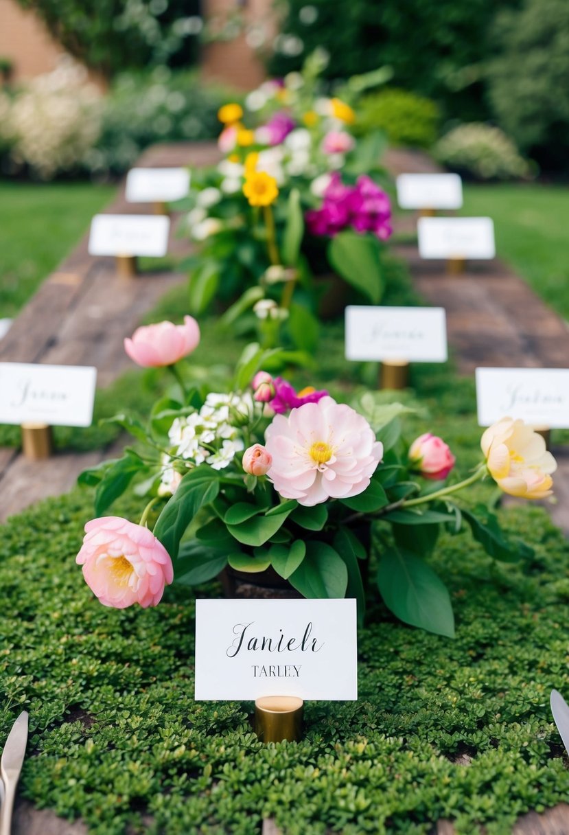 A garden table with personalized name cards for each guest, surrounded by blooming flowers and greenery
