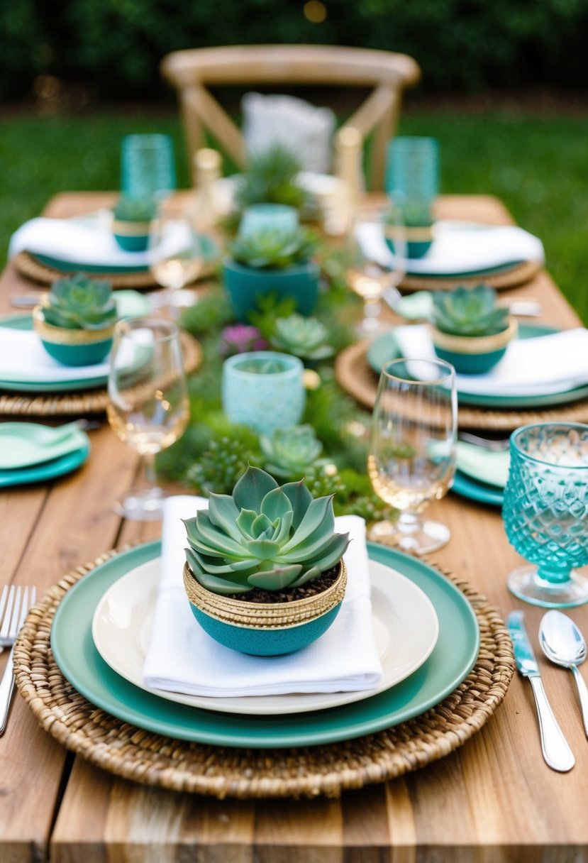 A garden table set with succulent napkin rings and coordinating tableware for a stylish and natural-themed party arrangement