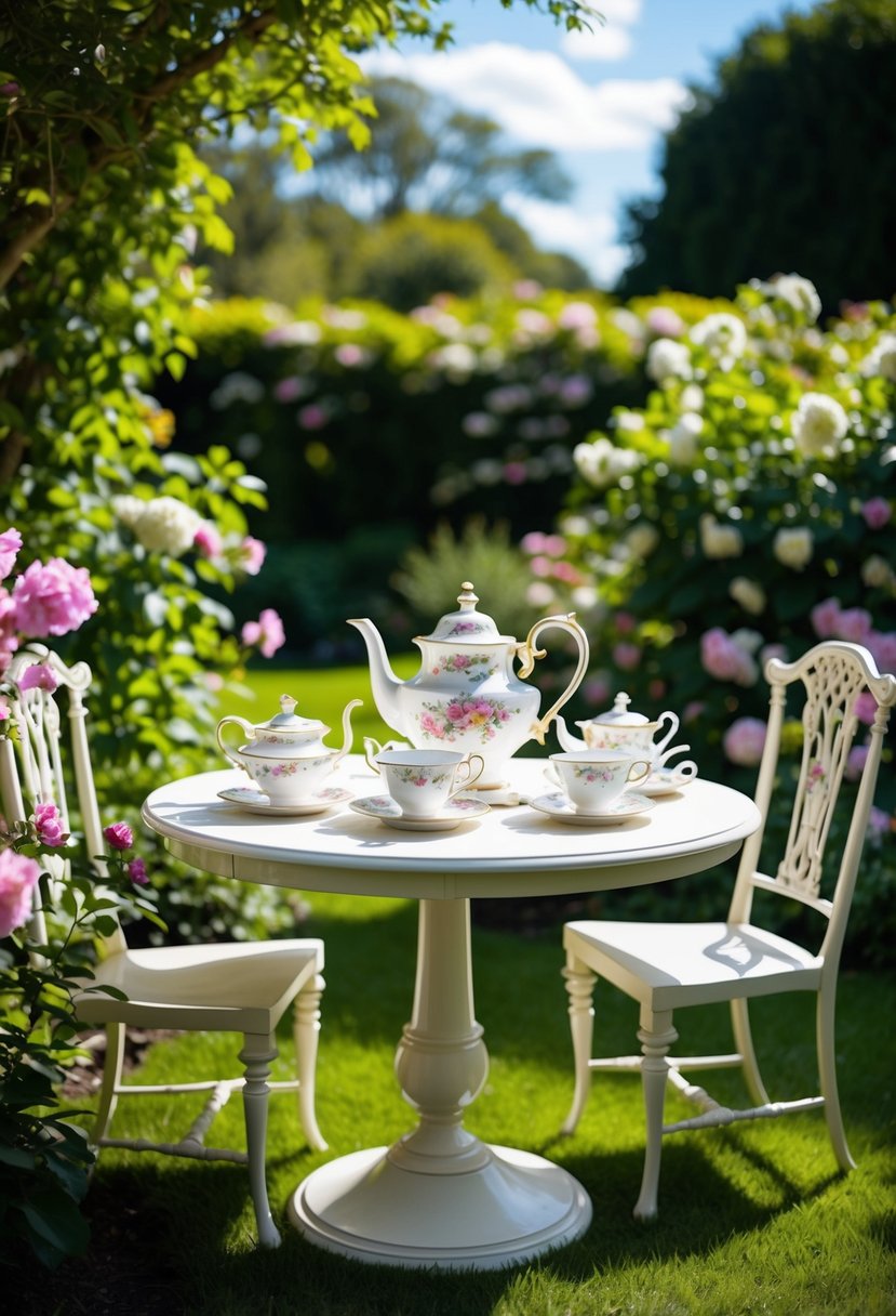 A lush garden setting with a round table adorned with antique porcelain tea sets, surrounded by blooming flowers and dappled sunlight