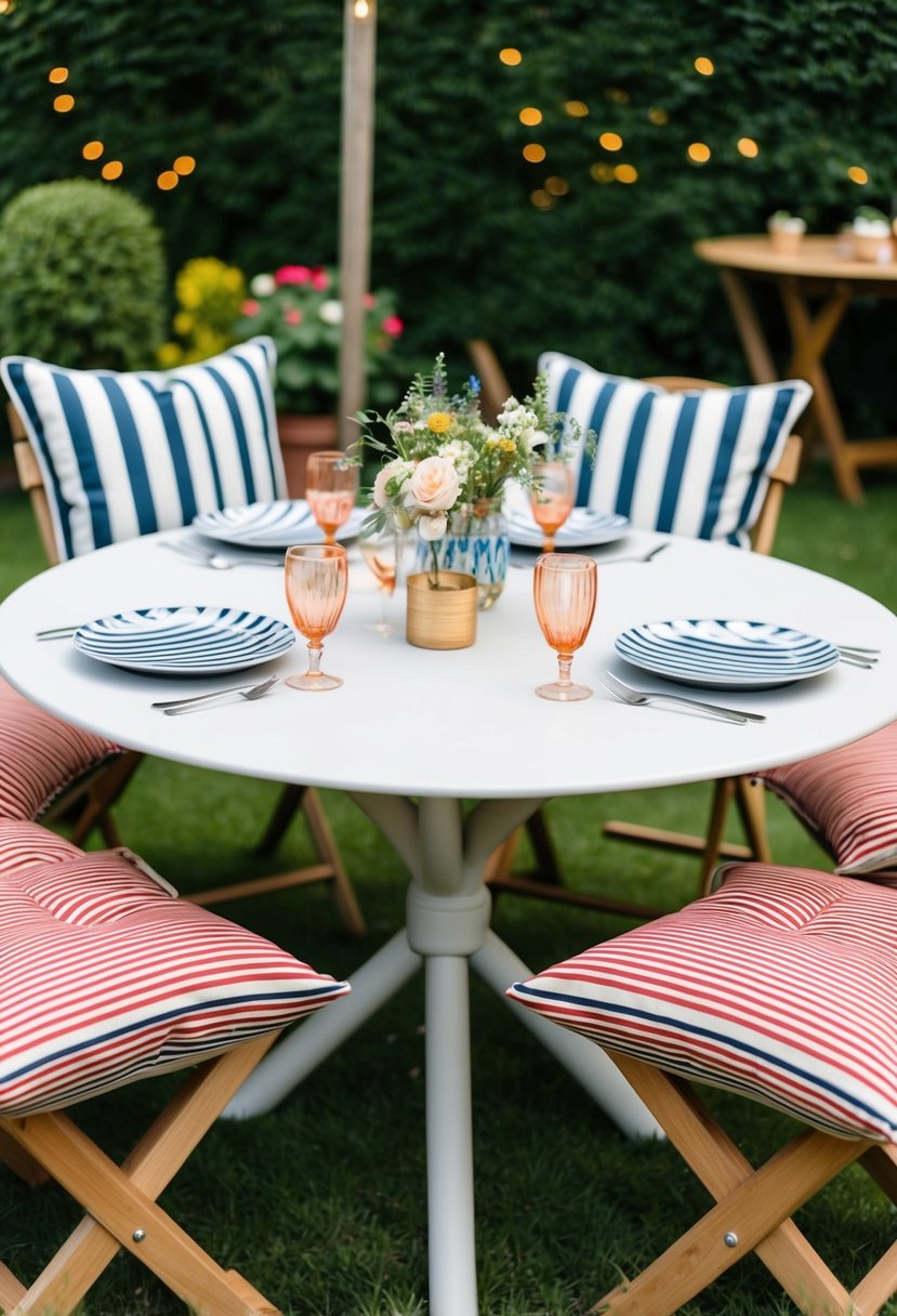 A round garden table with striped outdoor cushions, styled for a party