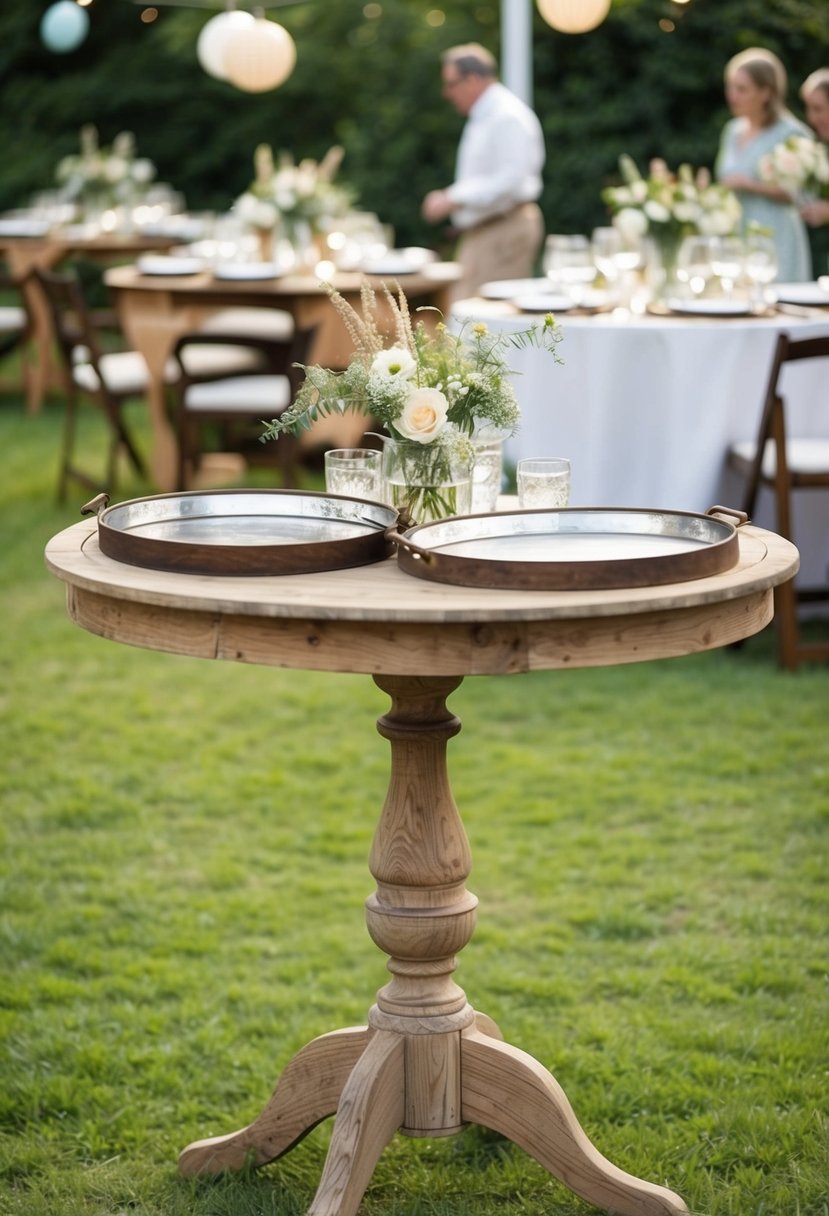 A round wooden table adorned with rustic serving trays, set in a garden party setting