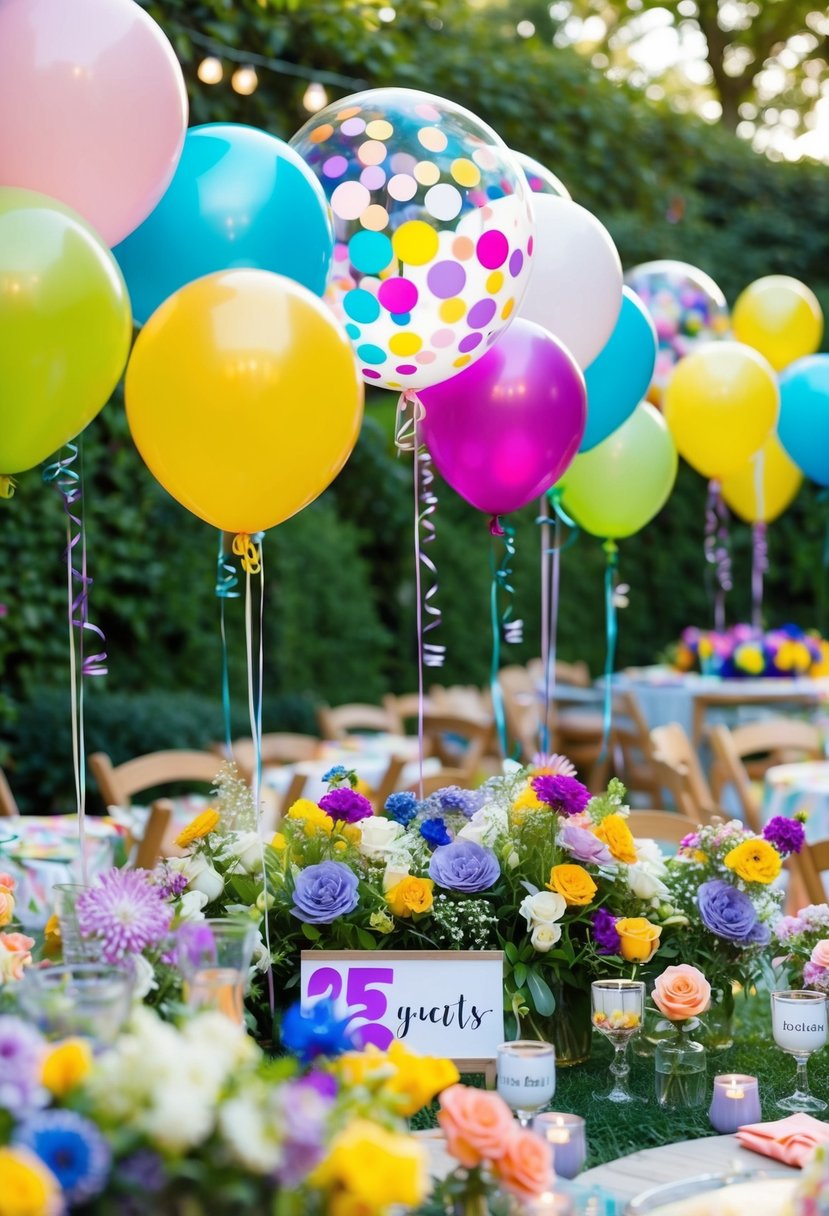 A garden filled with colorful balloons, flower arrangements, and personalized party favors for 25 guests