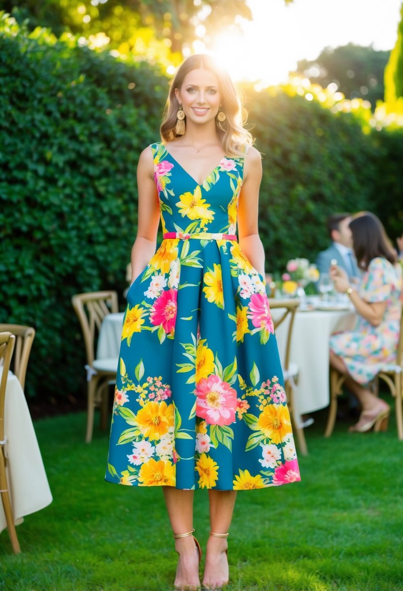 A colorful floral midi dress stands out against a backdrop of lush greenery at a garden party, with the sun casting a warm glow