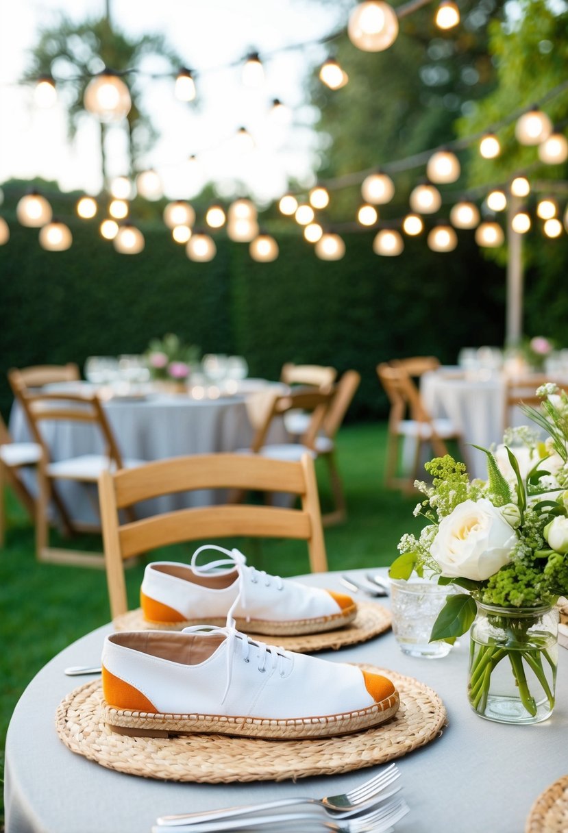 A table set with lace-up espadrilles, garden party decor, and Zara outfit ideas