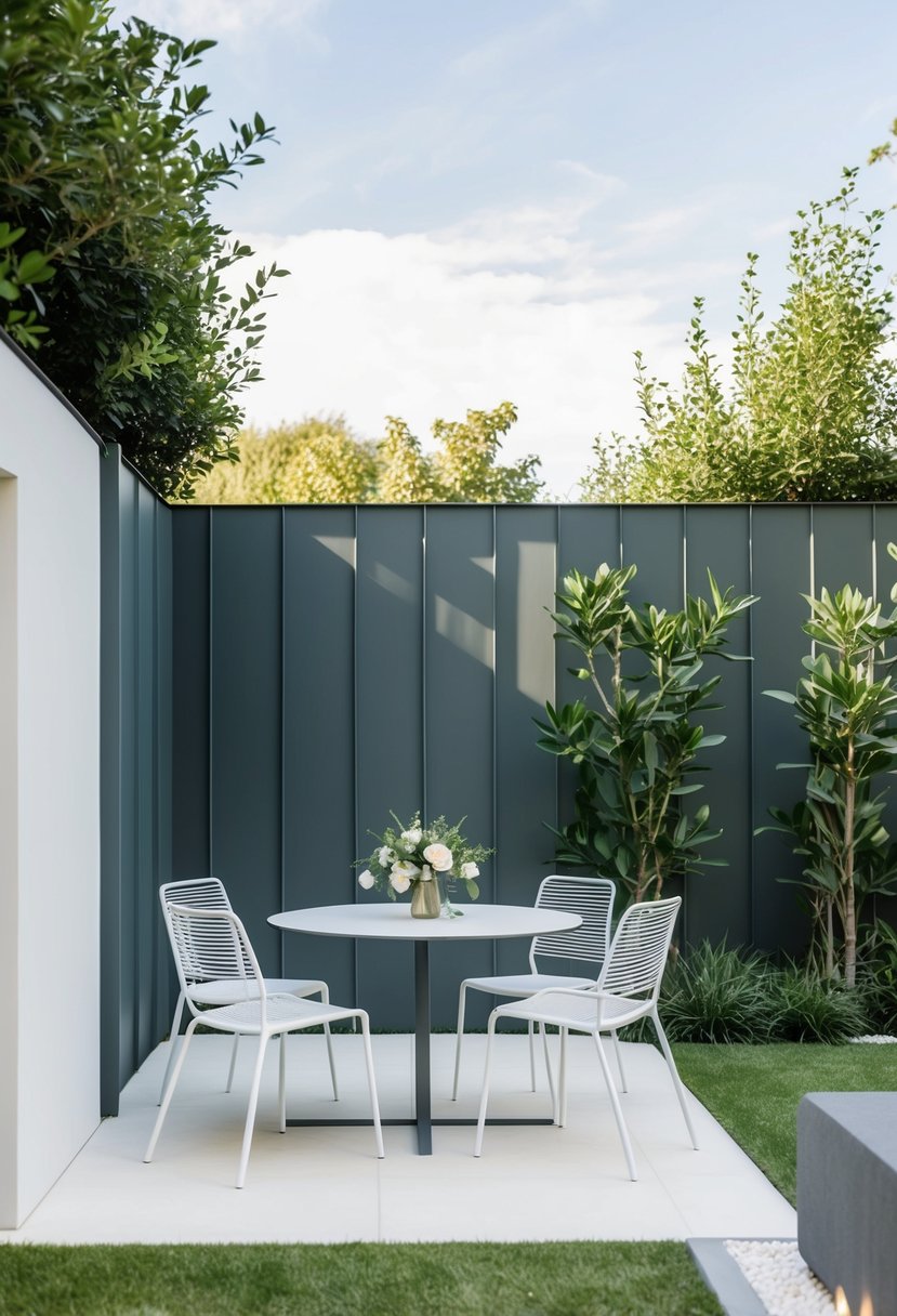A sleek, geometric garden setting with clean lines, simple greenery, and modern furniture for a minimalist wedding invitation design