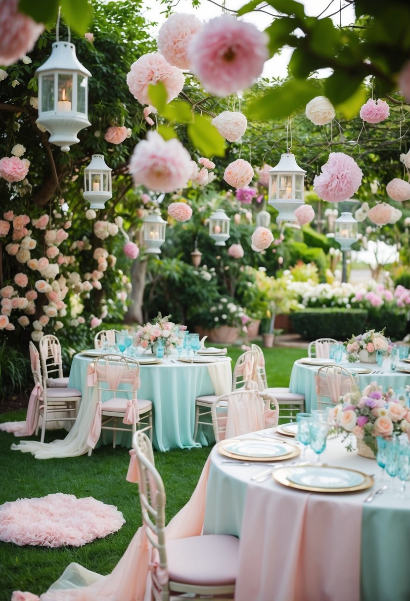 A lush garden with pastel flowers, hanging lanterns, and whimsical decor. Tables set with delicate china and flowing pastel linens