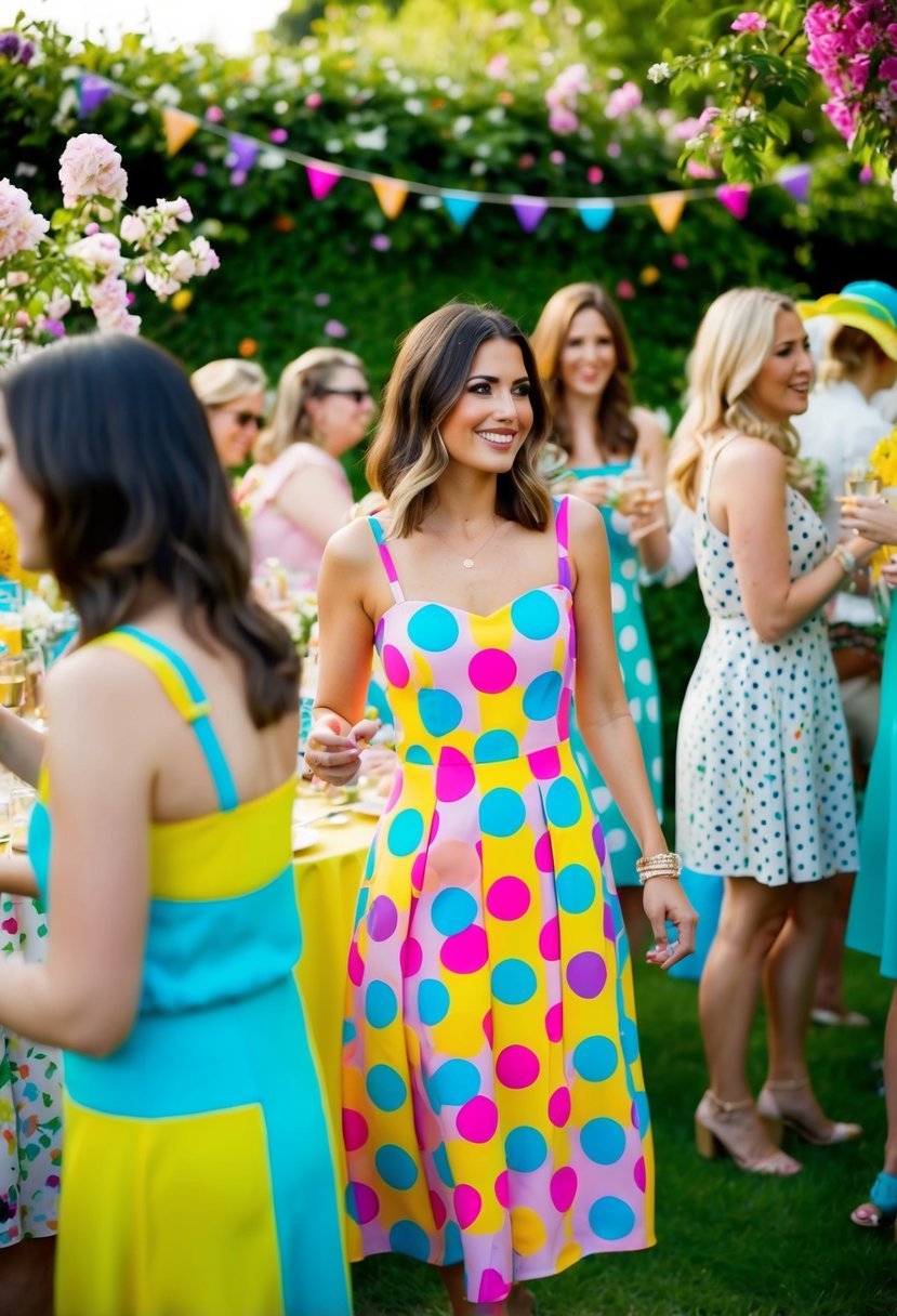 A garden party with colorful polka dot sundresses from Zara, surrounded by blooming flowers and lively chatter