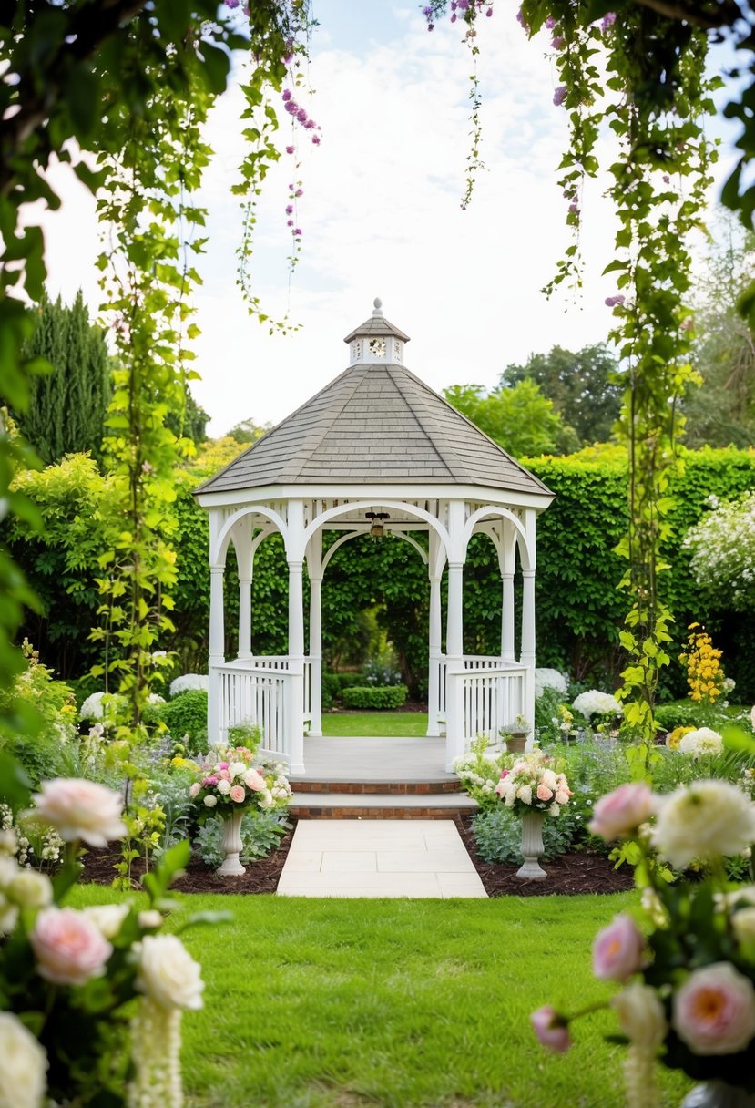 A lush garden with blooming flowers, cascading vines, and a charming gazebo set up for an elegant outdoor wedding celebration
