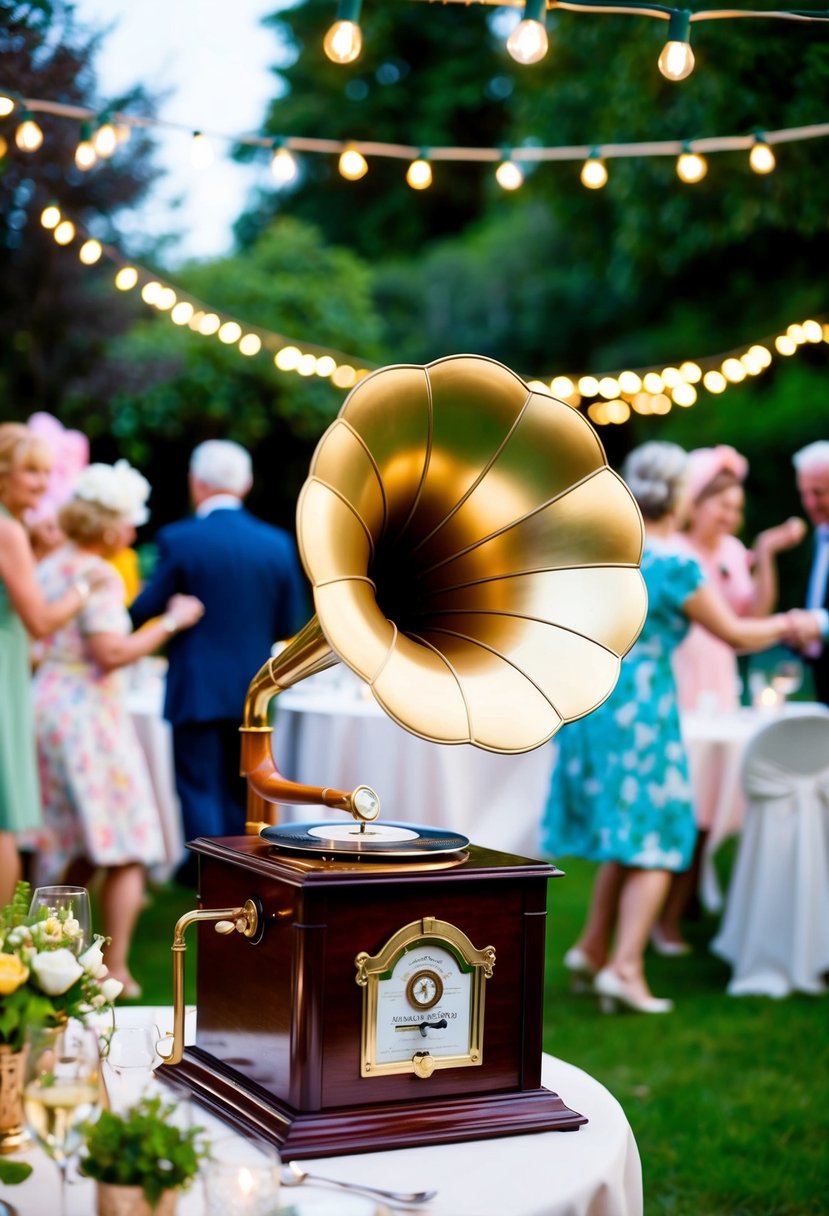 A classic gramophone plays in a lively garden party for grandmother's 80th birthday. Tables are adorned with vintage decor and guests dance under twinkling lights