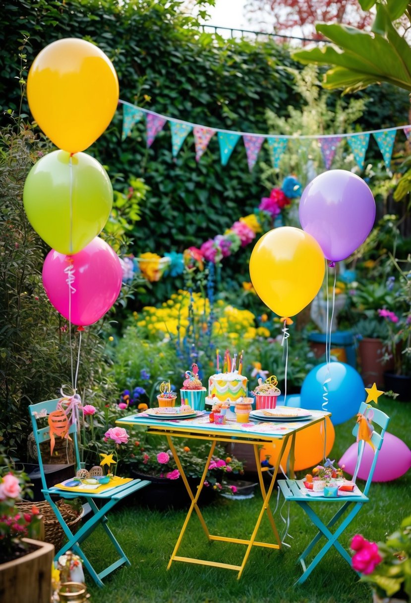 A colorful garden with hidden treasures, balloons, and a small table set for a 3rd birthday party