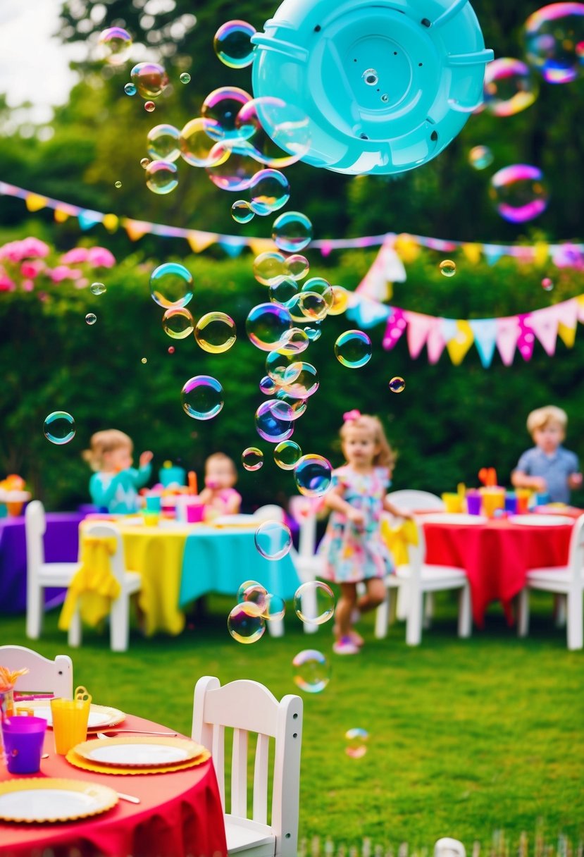 Colorful bubbles float through a lively garden, as a bubble machine adds a whimsical touch to a 3rd birthday party. Tables are adorned with festive decorations, and children run and play in the background