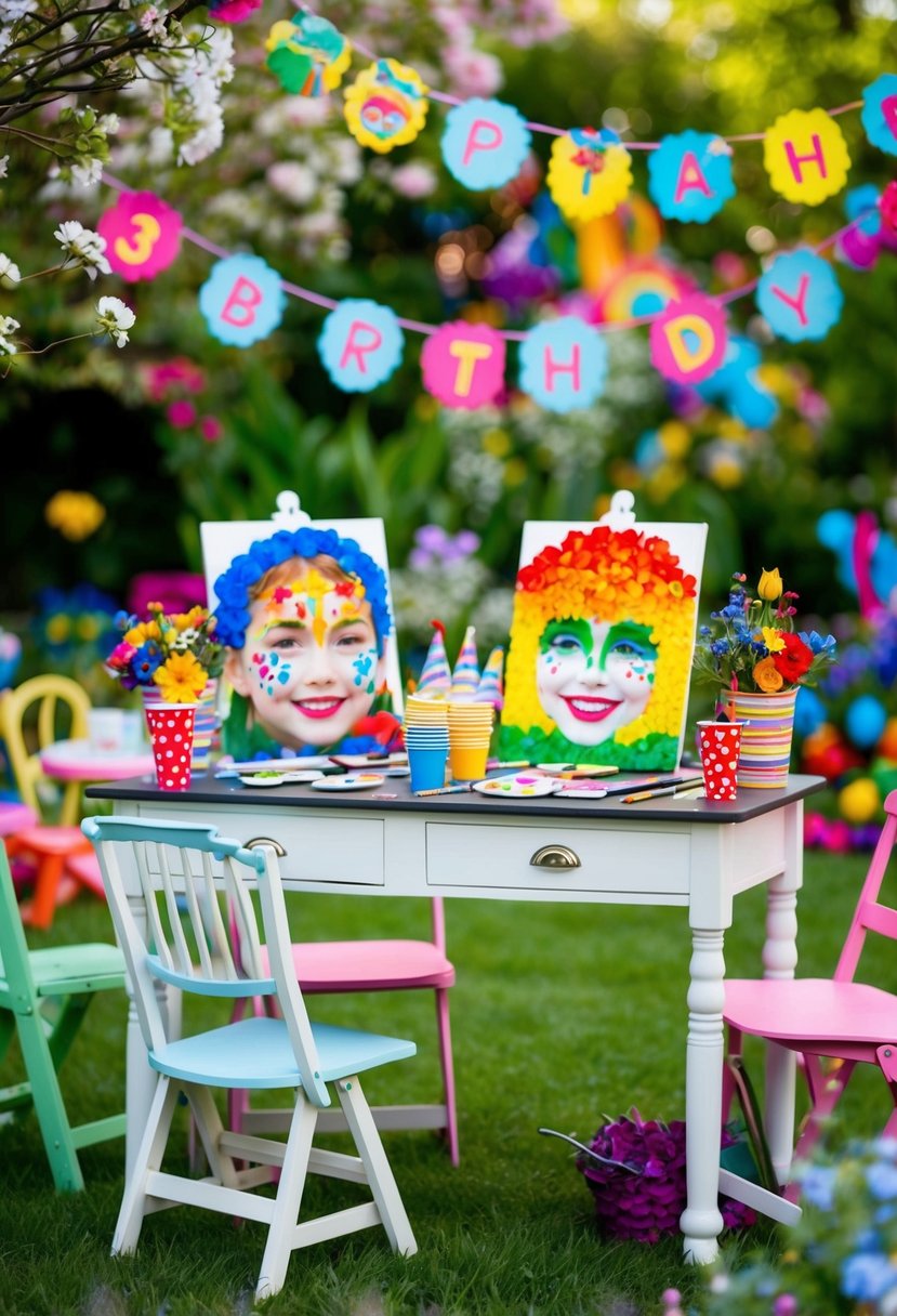 A colorful face painting station set up in a garden, surrounded by blooming flowers and cheerful decorations for a 3rd birthday party