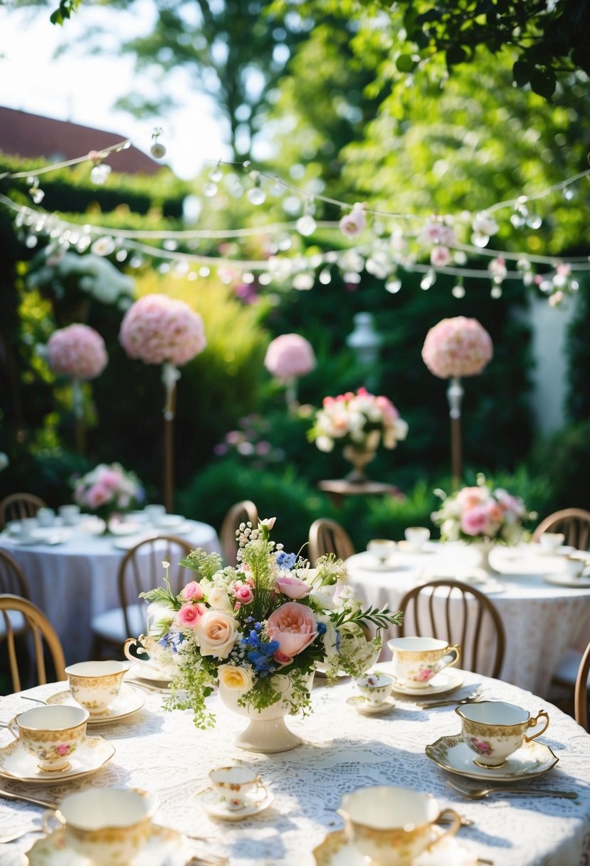 A garden adorned with vintage teacups, lace tablecloths, and floral centerpieces. A whimsical tea party set-up for a sweet 16 celebration