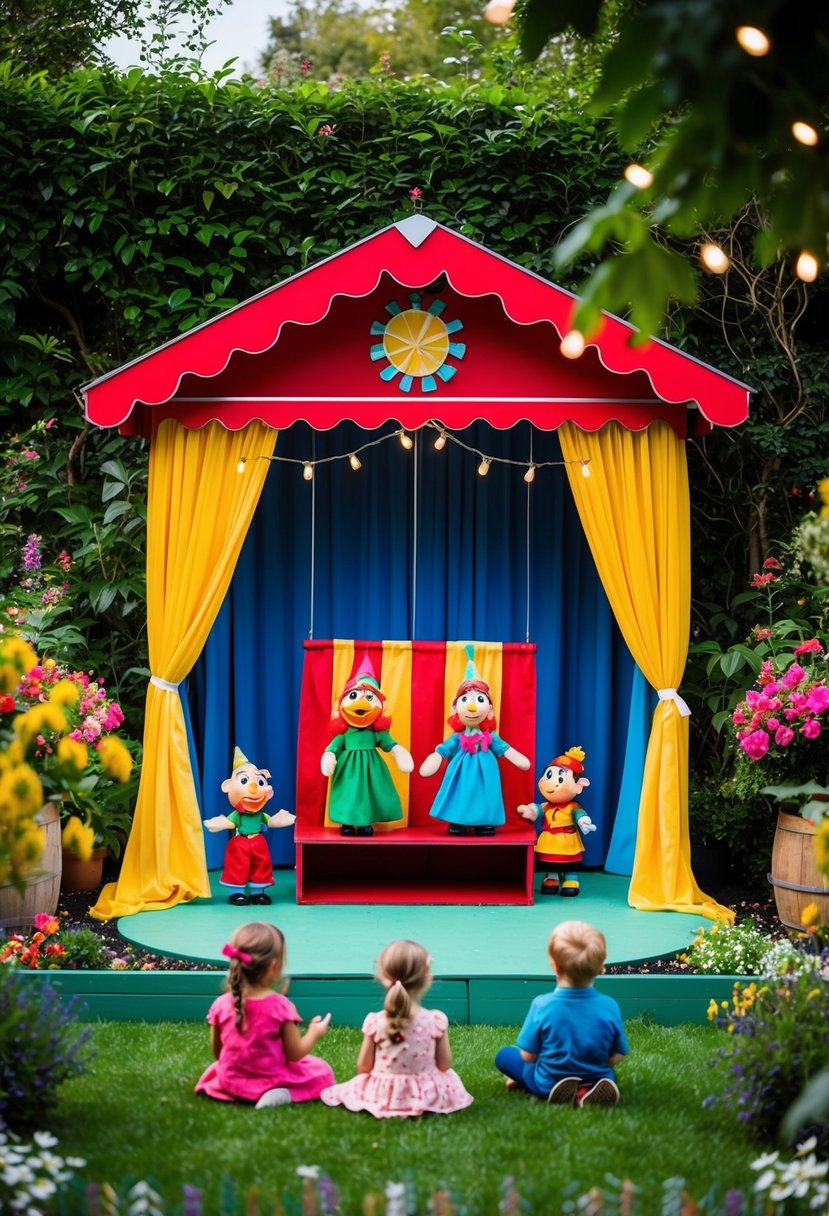 A colorful puppet show in a lush garden setting, with a small stage and seating for young children, surrounded by blooming flowers and twinkling fairy lights