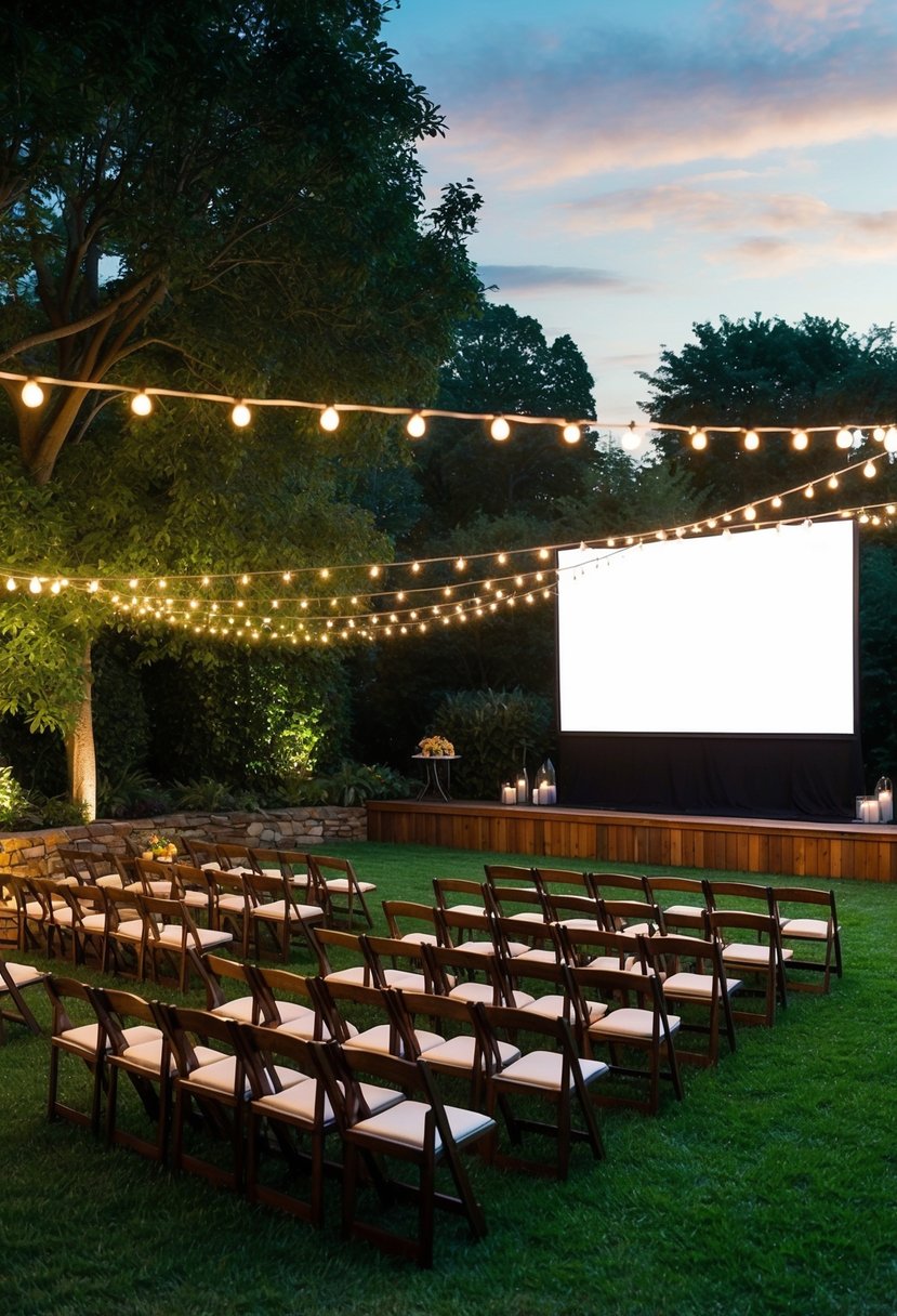 A lush garden at dusk, twinkling string lights, a large white screen, and rows of cozy seating for a sweet 16 outdoor movie screening party