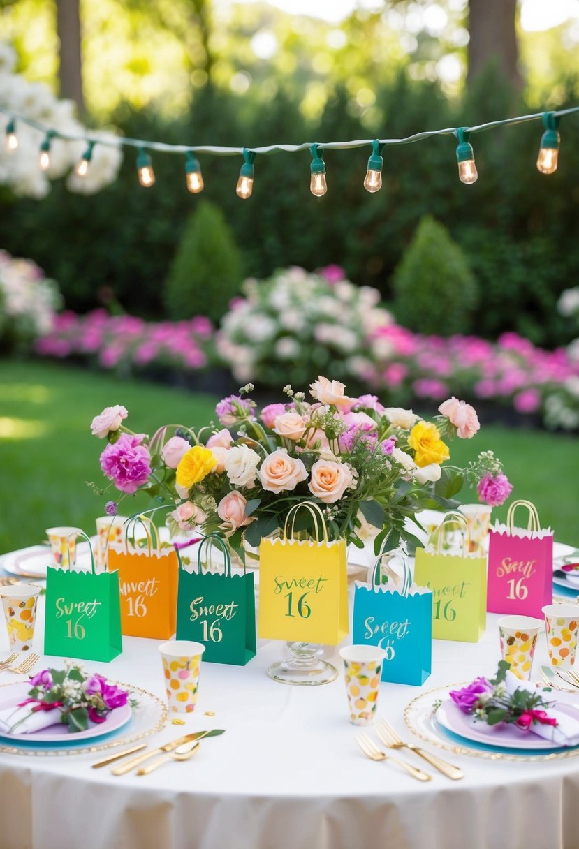 A table adorned with personalized party favors for a garden party sweet 16 celebration, surrounded by blooming flowers and twinkling string lights