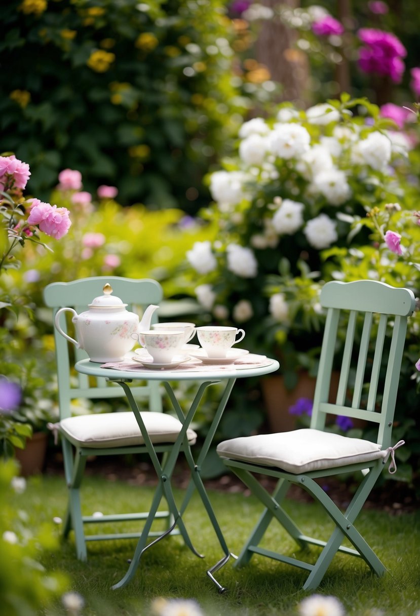 A cozy garden tea party with a small table set for two, surrounded by blooming flowers and lush greenery, with delicate teacups and a teapot
