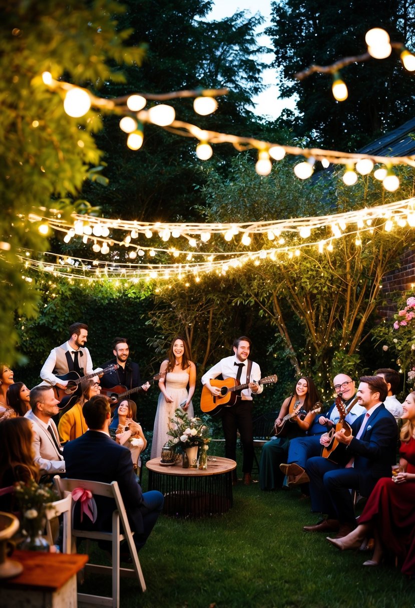 A garden adorned with fairy lights, filled with friends and family enjoying live acoustic music, creating a warm and intimate atmosphere for a sweet 16 celebration