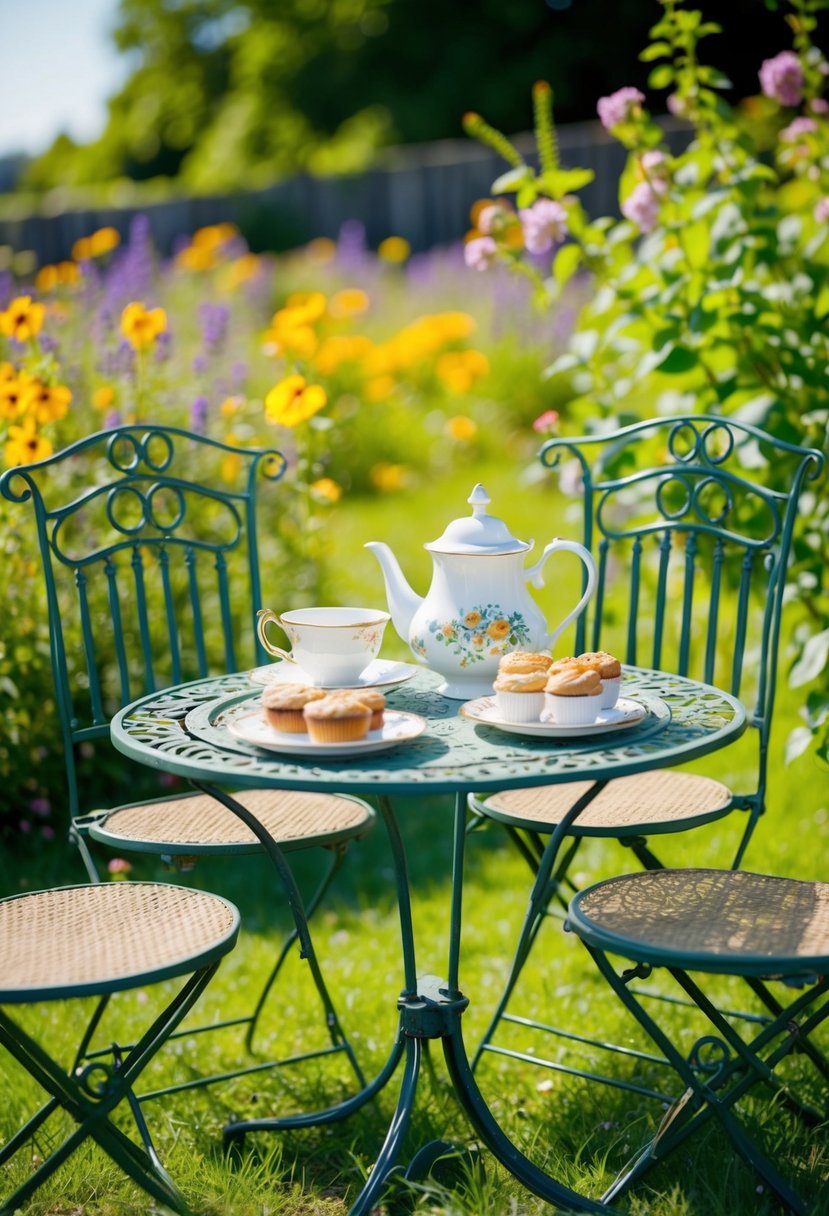 A sun-drenched garden with a vintage wrought-iron table set with tea and pastries, surrounded by blooming wildflowers and a gentle breeze