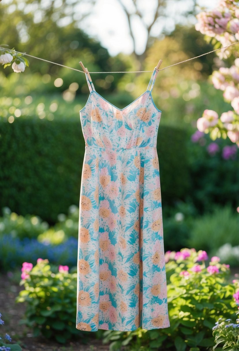 A floral midi slip dress hangs on a vintage clothesline in a blooming garden