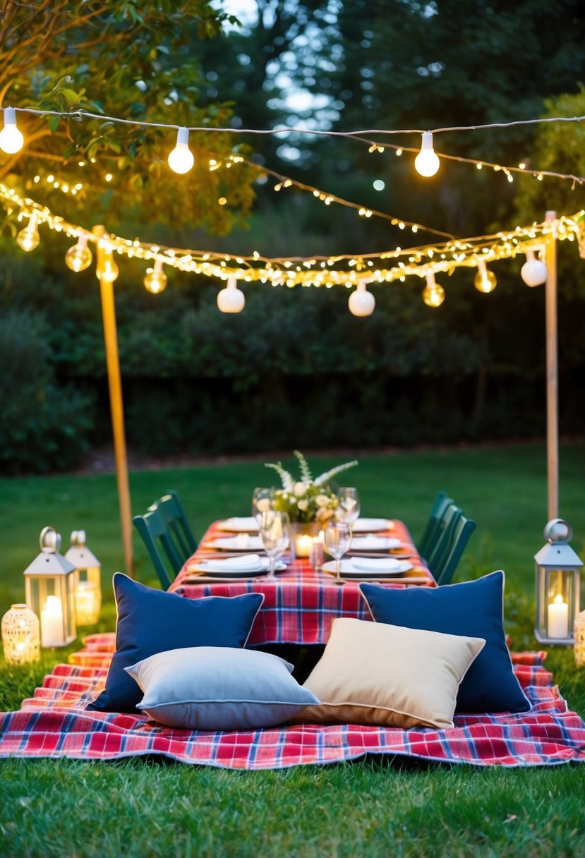 A picnic blanket laid out with cushions, surrounded by fairy lights and lanterns, with a table set for a garden party celebration