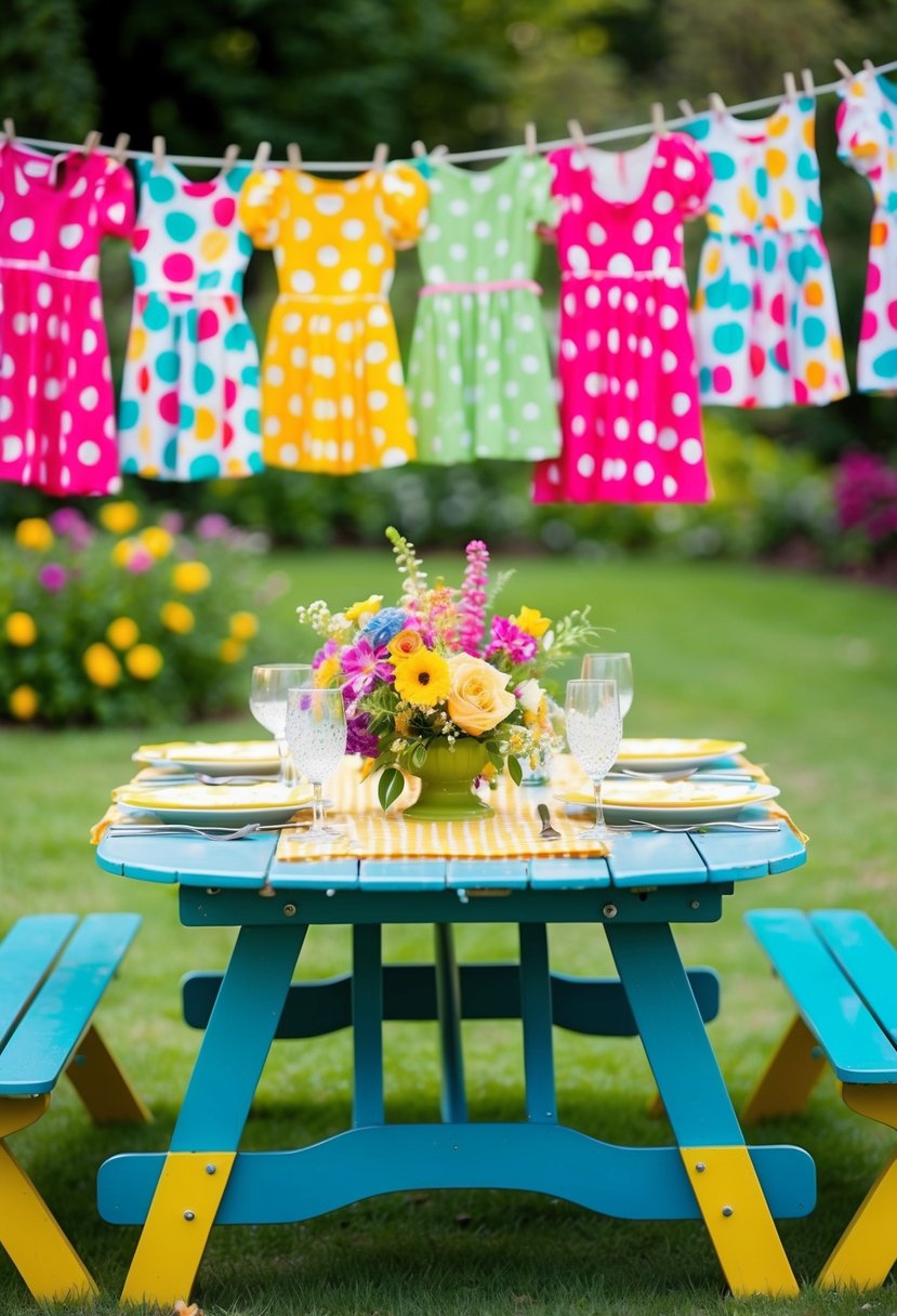 A colorful garden setting with a vintage picnic table adorned with floral centerpieces. Brightly colored polka dot sundresses hang on a clothesline in the background