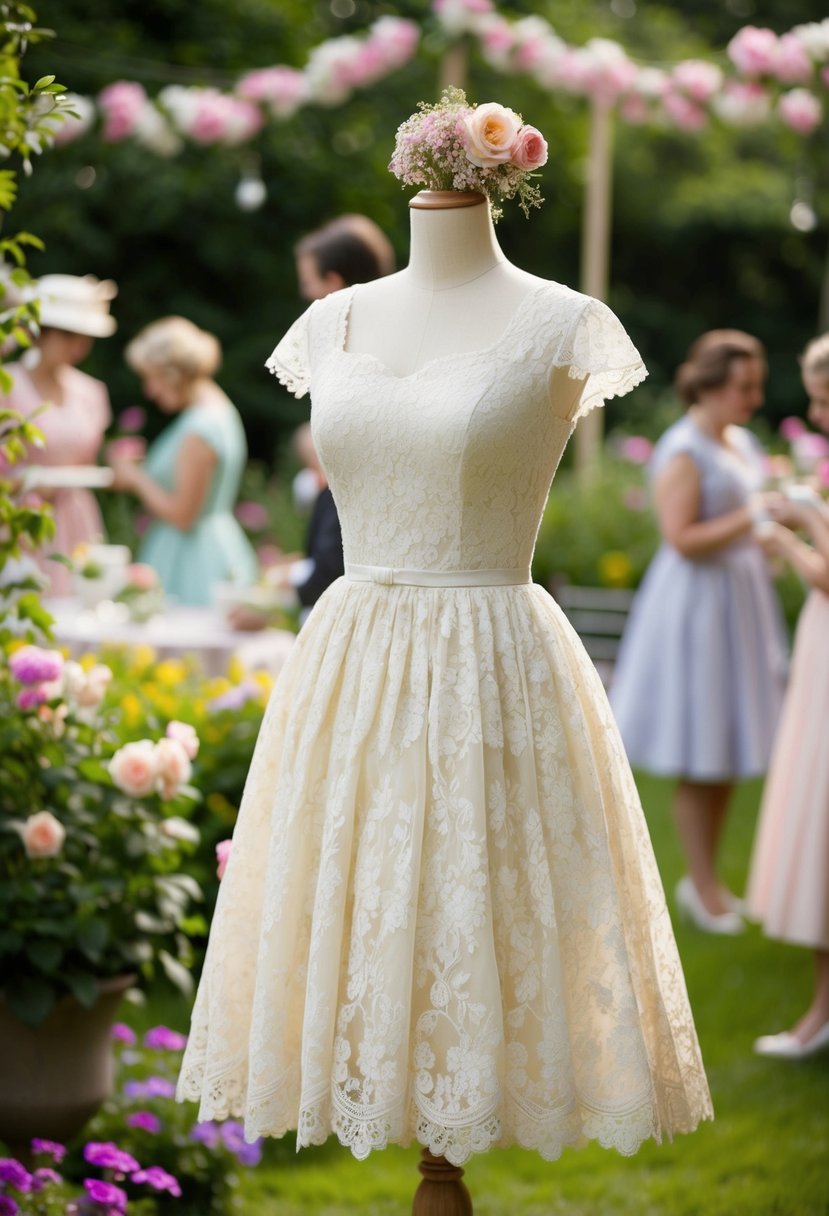 A garden party scene with a vintage lace tea-length dress, surrounded by blooming flowers and a charming 1950s style ambiance