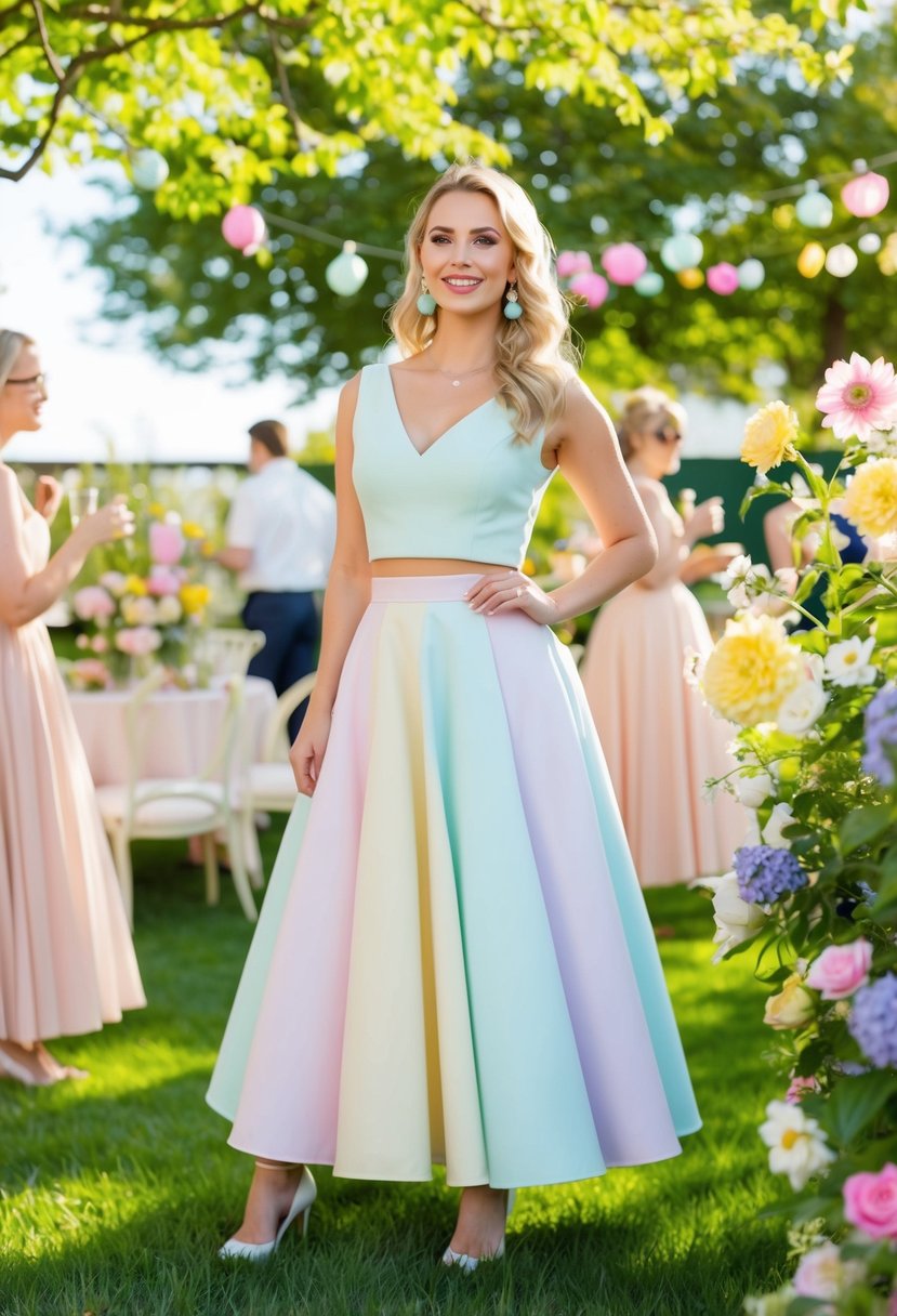A sunny garden party with a pastel A-line skirt set, surrounded by blooming flowers and vintage decor