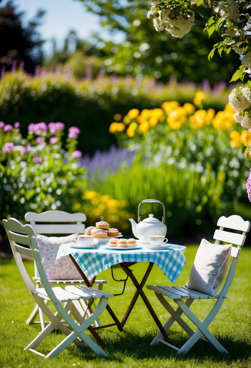 A sunlit garden with blooming flowers and a vintage picnic table set with tea and pastries
