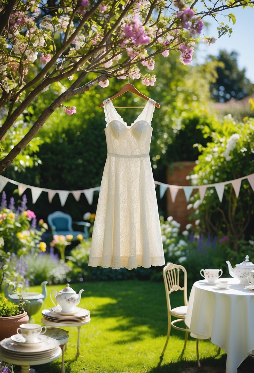 A sun-dappled garden with blooming flowers, a lace fit & flare dress hanging from a tree, surrounded by vintage tea sets and bunting