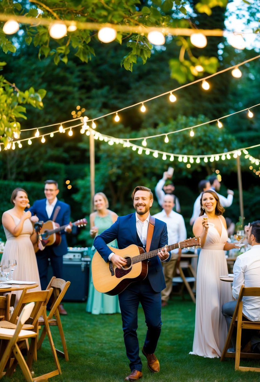 A lively garden party with acoustic music, twinkling lights, and joyful celebration