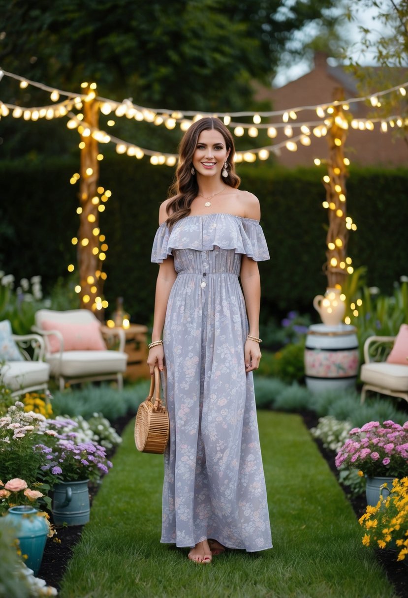 A woman wearing an off-shoulder boho maxi dress stands in a blooming garden, surrounded by vintage 50s style decor and whimsical fairy lights