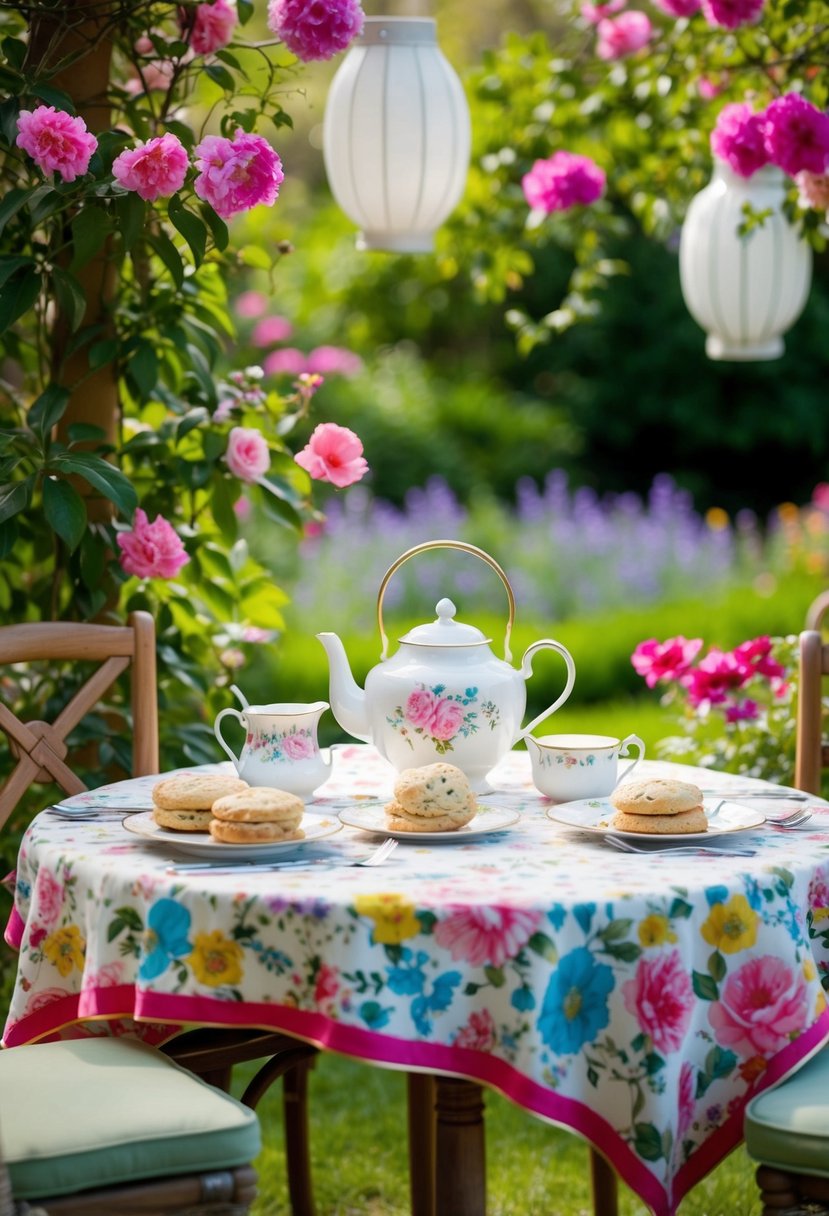 A garden table set with a floral tablecloth, teapot, and scones surrounded by blooming flowers and hanging lanterns